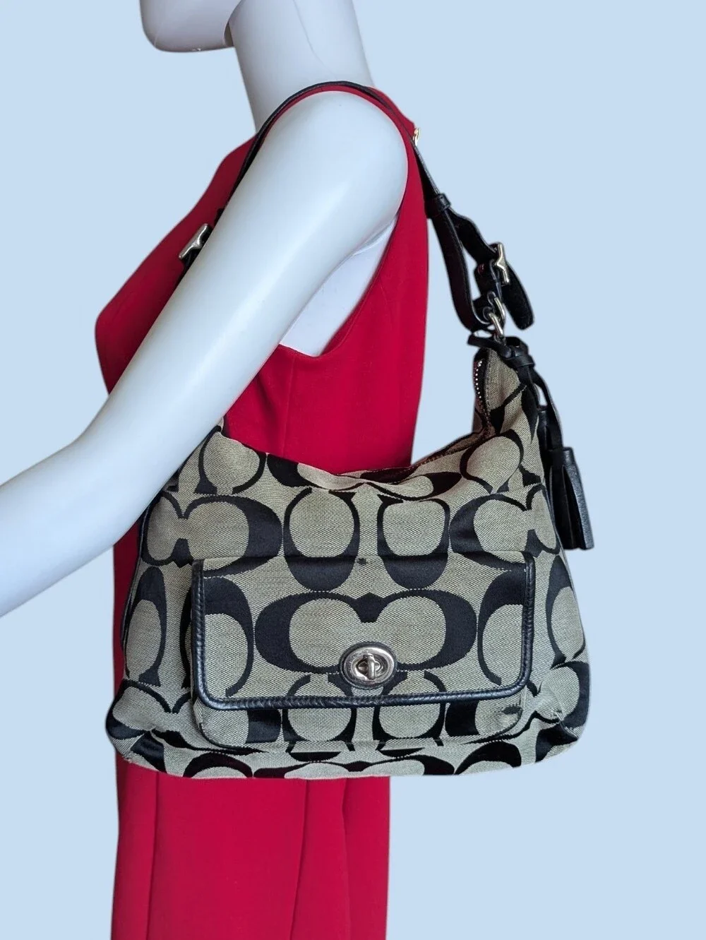 Coach Khaki and Black Signature Canvas Hobo with Tassel